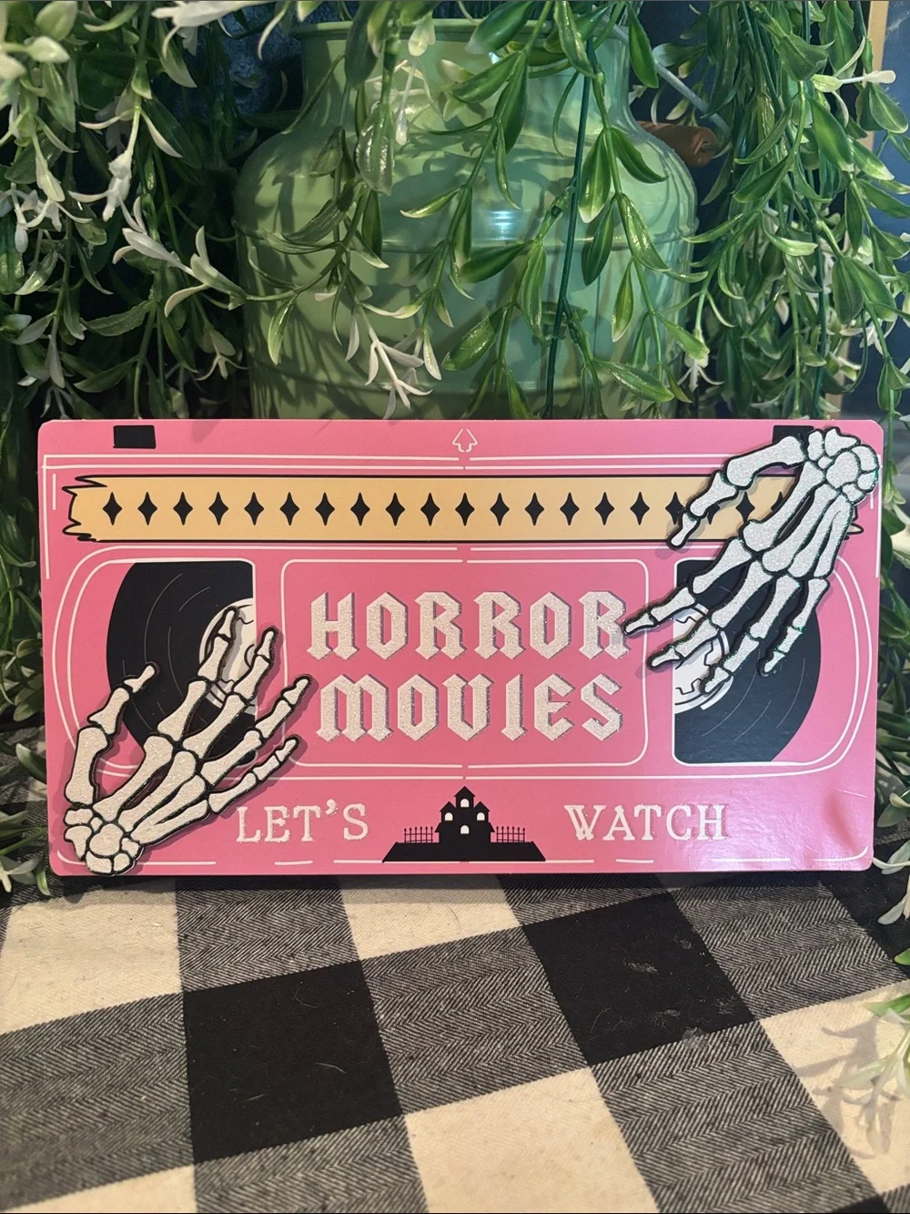 Horror Movies Decorative Sign - Pink Skeleton Design